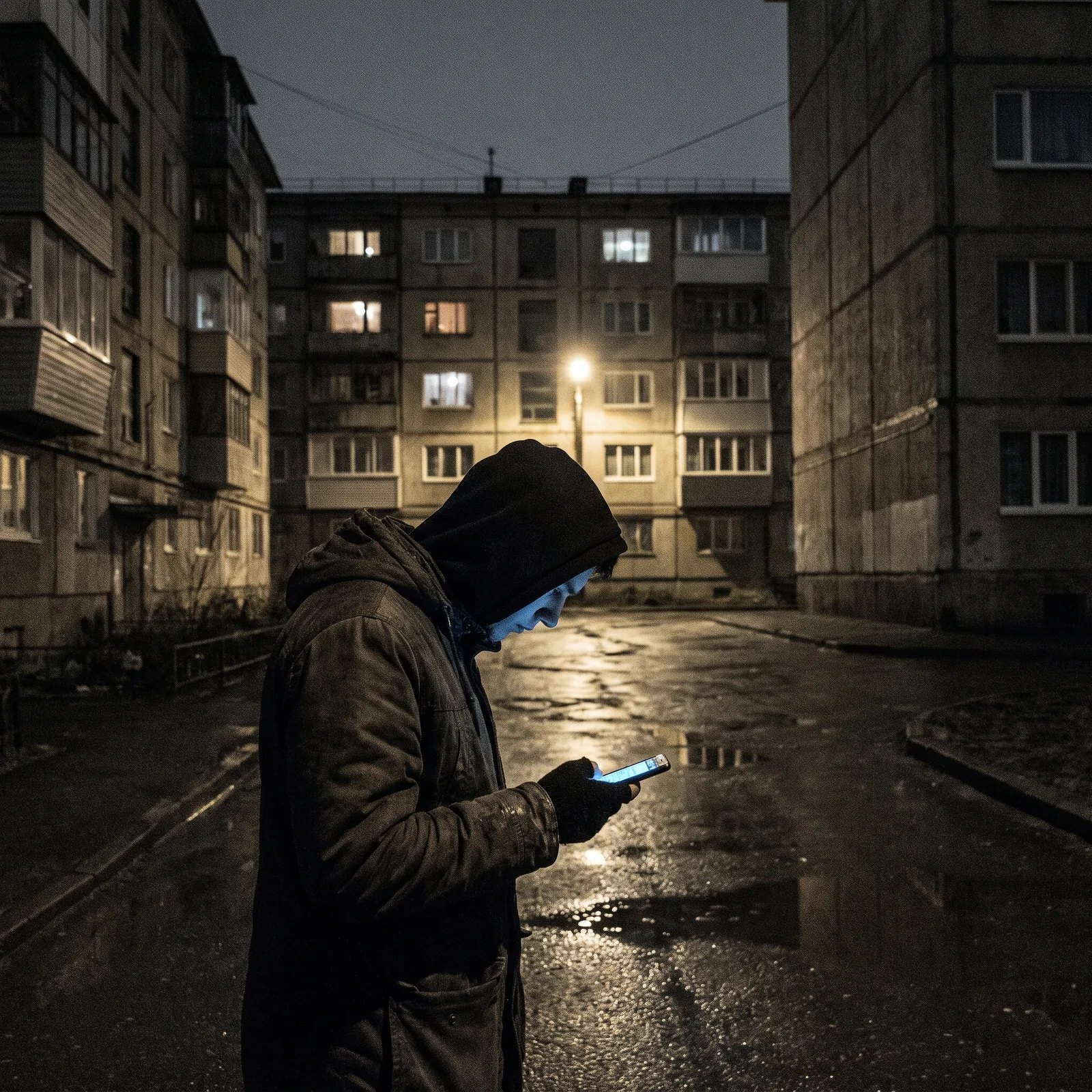 Нічний двір і світло телефона в руці